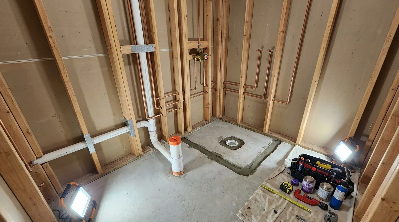 Bathroom rough-in plumbing during remodel by Johns Plumbing LLC in Prudhoe Bay