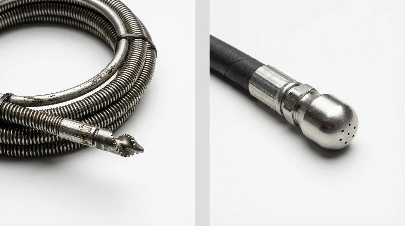Drain snake cable and hydro jetting nozzle used for drain cleaning in Prudhoe Bay, AK