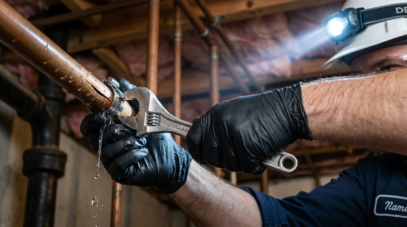 Emergency pipe clamp repair being performed by a Johns Plumbing LLC plumber in Prudhoe Bay
