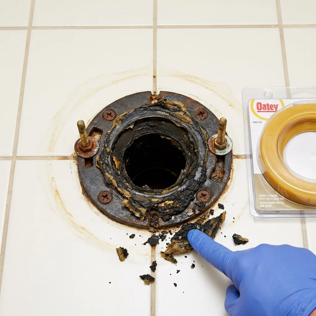 Failed wax ring showing water seepage at the base of a toilet in a Prudhoe Bay, AK home