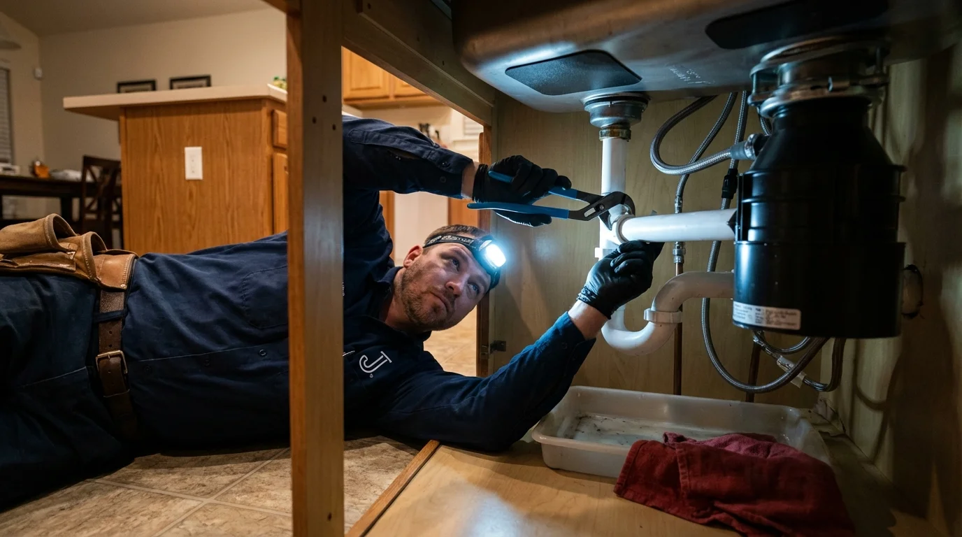 P-trap and supply line connections under a kitchen sink showing a common leak point in Prudhoe Bay, AK